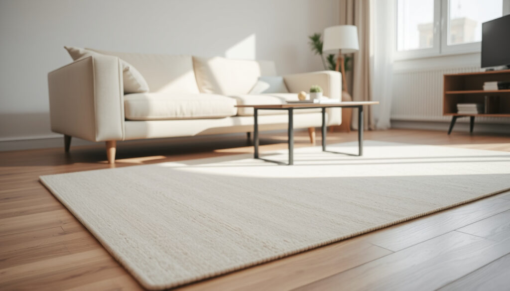 Vaalean beige matto olohuoneen lattialla sohvan edessä, huonekalujen etujalat maton päällä luonnonvalossa