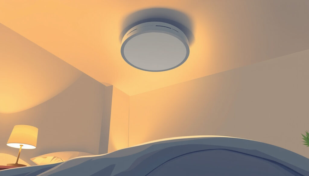 Matala LED-kattovalaisin makuuhuoneen katossa tasaisesti valoa jakamassa, vieressä yöpöydän lämmin lukuvalo.