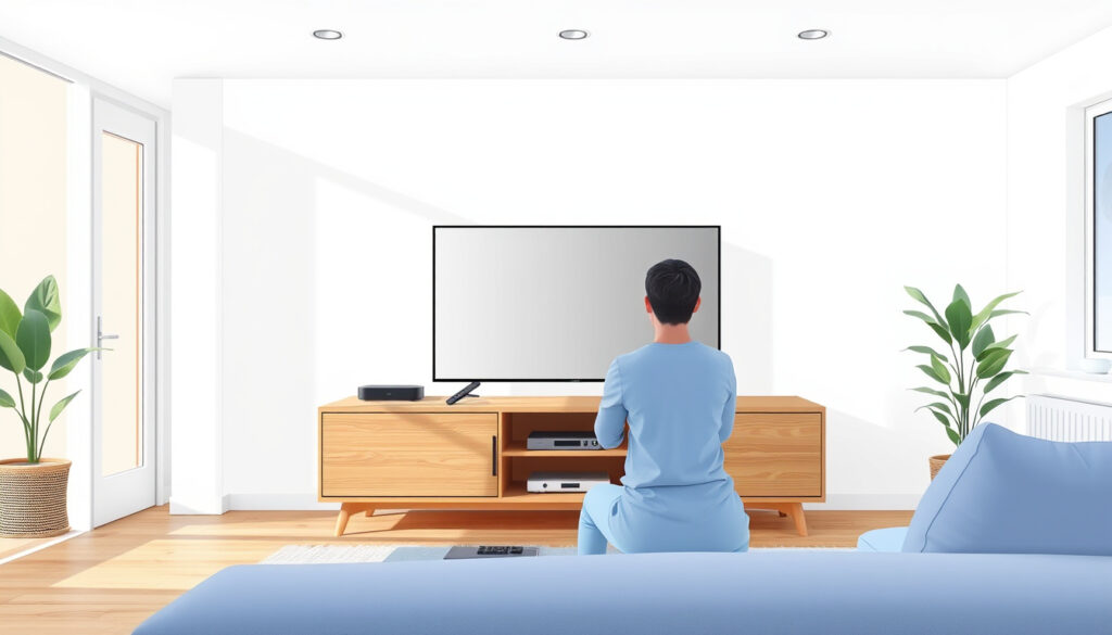 Matala tv-taso olohuoneessa, jonka päällä seisoo televisio ja jonka edessä istuu sohvalla katselija.