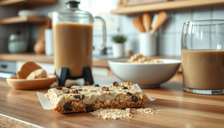 Pöydällä avattu proteiinipatukka ja kulhoon annosteltua proteiinijauhetta smoothien valmistusta varten keittiön tiskillä.