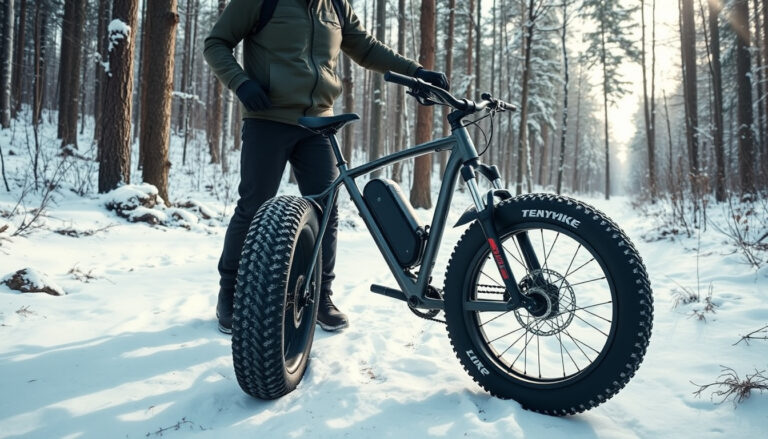 Fatbike leveillä renkailla luminen metsäpolulla talviajossa