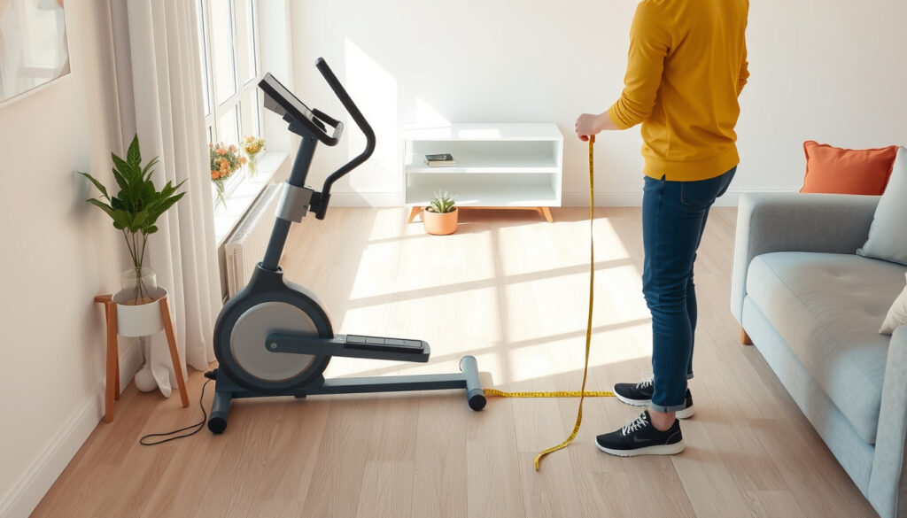 Kotisinulla seisova crosstrainer, jonka äärellä henkilö mittaa lattialle jäävää tilaa mittanauhalla.